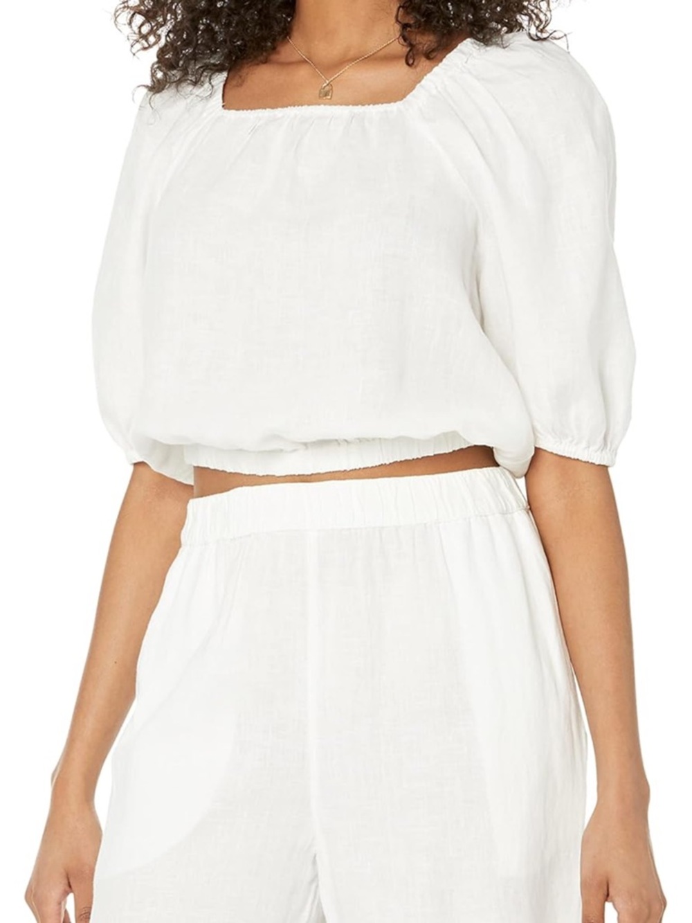 Women's White Puff-Sleeve Linen Top with Elastic Hem